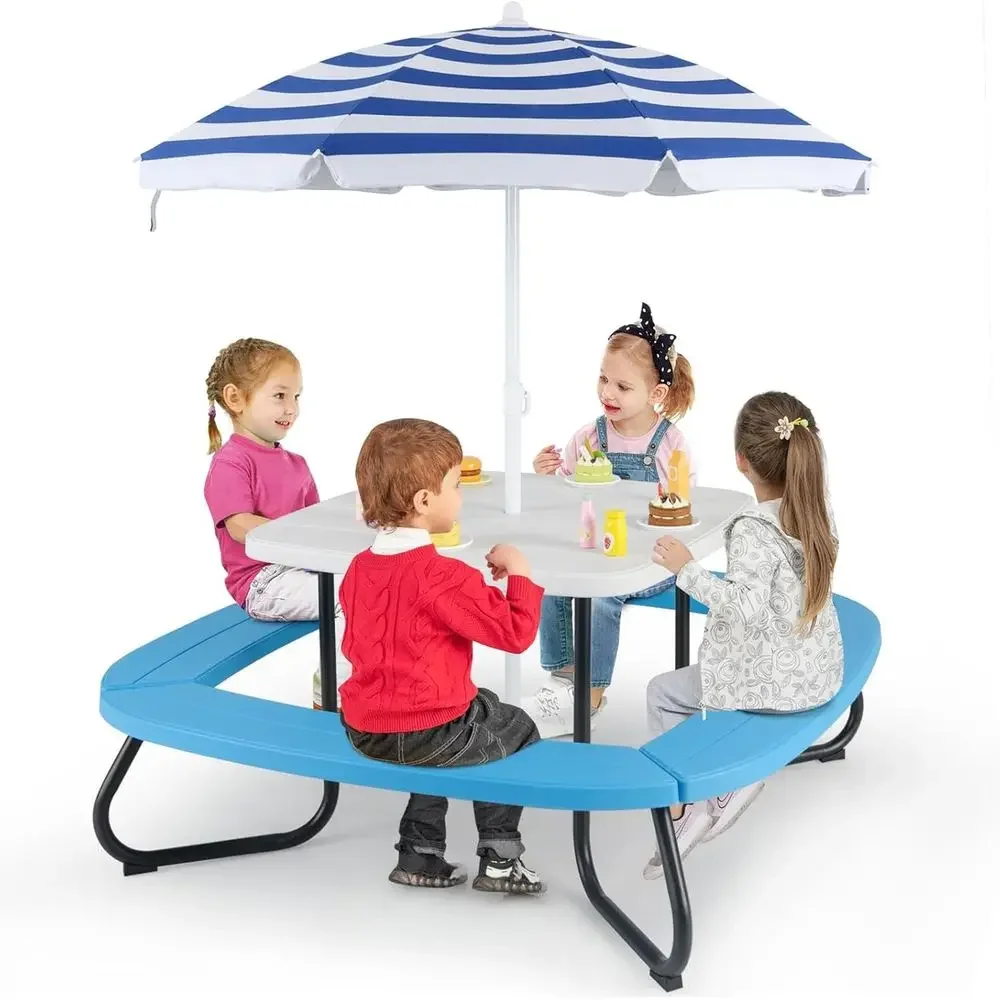 Kids Outdoor Umbrella - 8-Personen Kinder-Picknicktisch mit Sonnenschirm, Kleinkind-Aktivitätstisch, 4