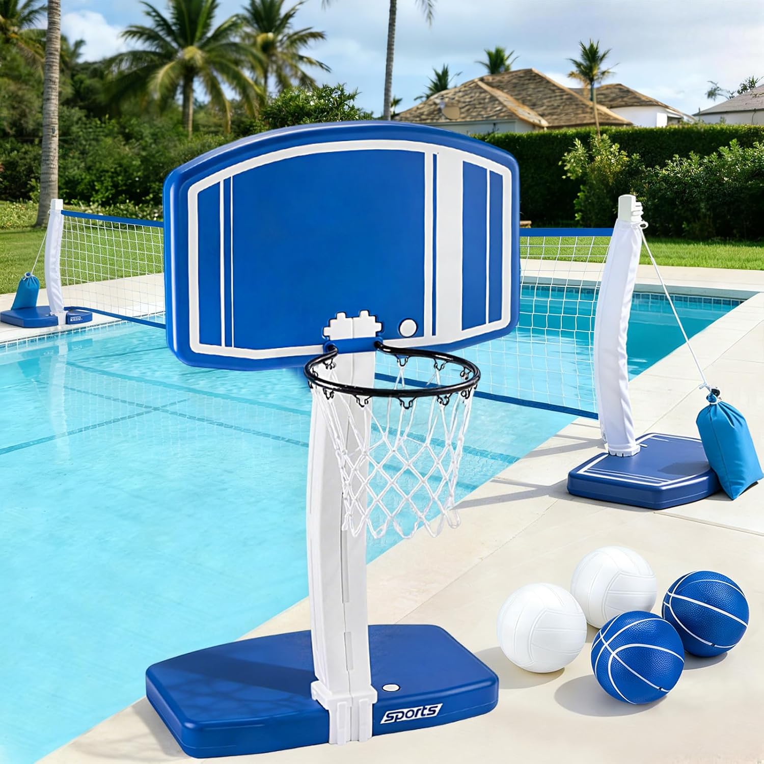 Outdoor Kid - Oberirdischer Pool-Basketballkorb und Volleyballnetz 2-in-1, Outdoor-Wasserspielzeug