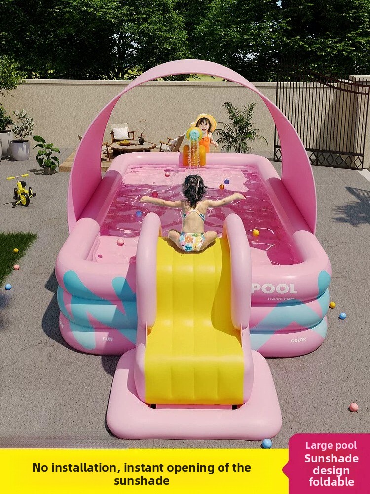 Kids Outdoor Slide - Aufblasbarer Pool mit Sonnenschutz und Rutsche,