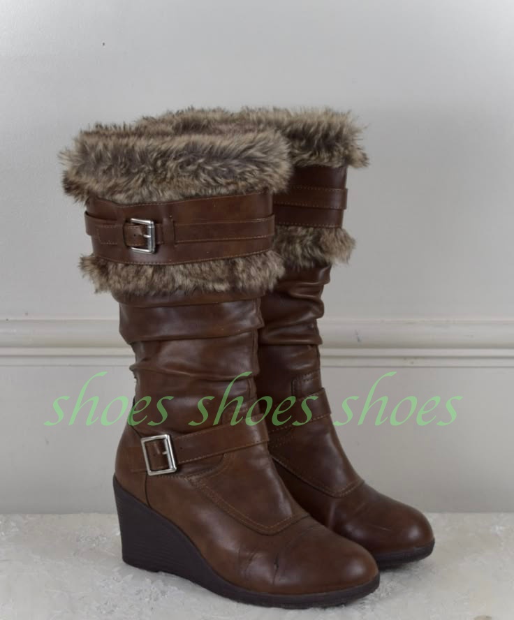 Kids Outdoor Boots - Damen Vintage Braune Kunstfell-Stiefel mit Schnallen,